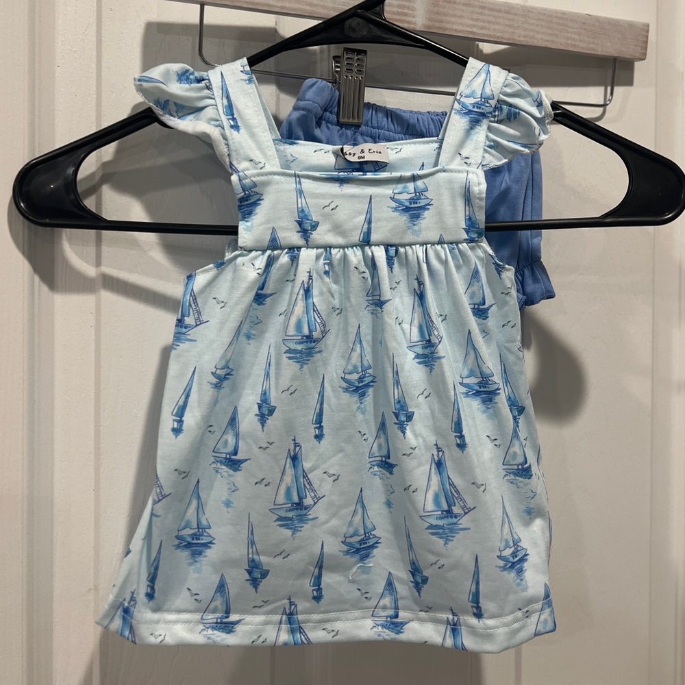 Baby Girls Blue Sailboat Print Dress and Bloomers